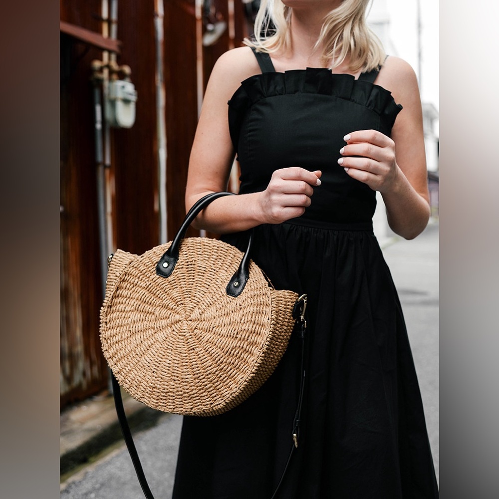 SEA NEW YORK Black Ruffle Trim Tie Back Midi Dress in Cotton